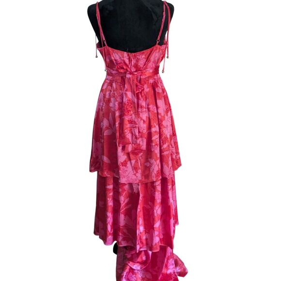 CRYSTAL DOLL Tiered Maxi Gown M Red Pink Floral Satin Fantasy Fairy Formal Dress - Picture 9 of 9